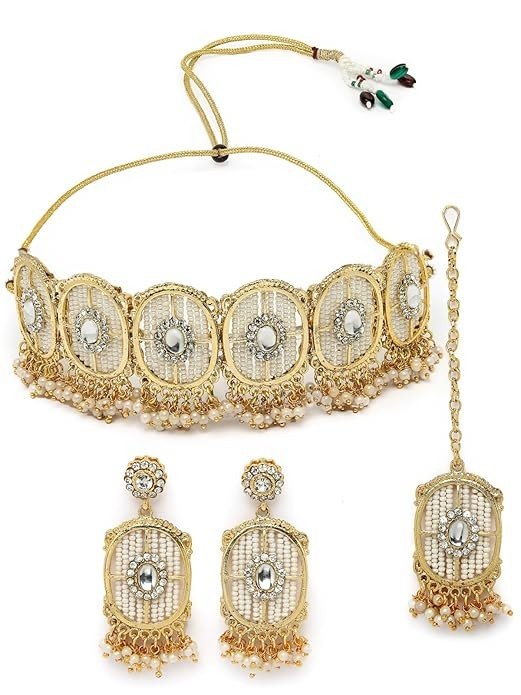 Sukkhi Charming Circular Gold Toned Plated Necklace Set With Earring And Maangtika | Jewellery Set For Women.