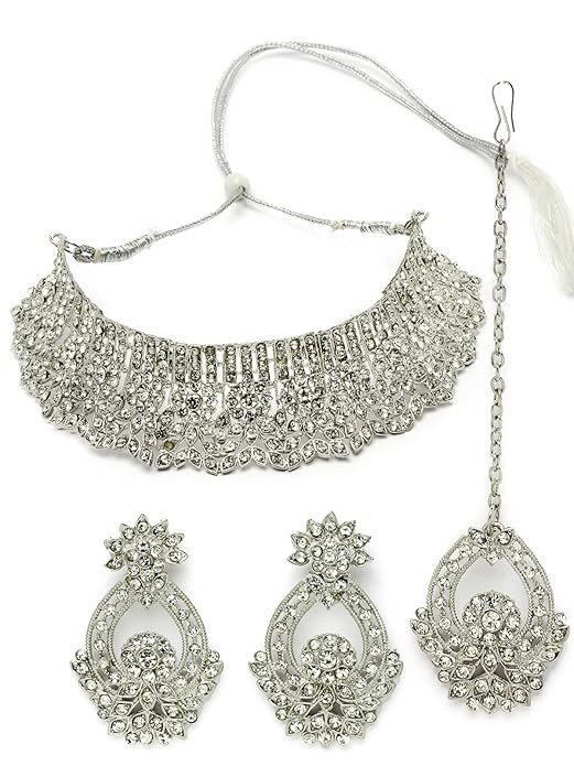 Universal Rhodium Plated Silver Ad Stone Studded Choker Necklace Set For Women.