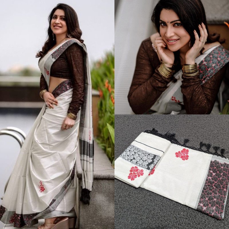 Sai Ram Textiles Kerala Kuthampully Silver Tissue Chembarathi Print Tissue Saree With Tassels | Kerala Traditional Set Saree