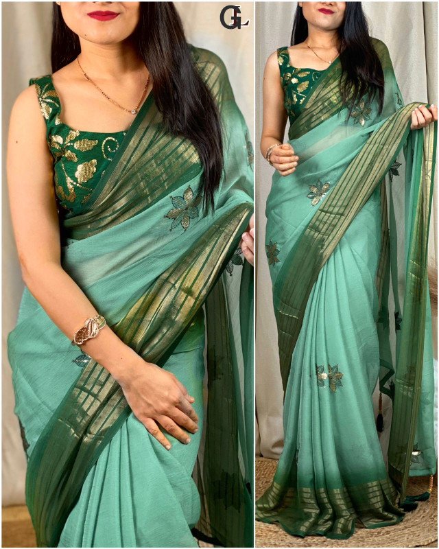 Edathal Star Collection's Georgette Chiffon Thread & Sequin Work In Saree With Gold Zari Weaving Border With Stylish Latkan In Pallu | Soft Georgette Chiffon Saree