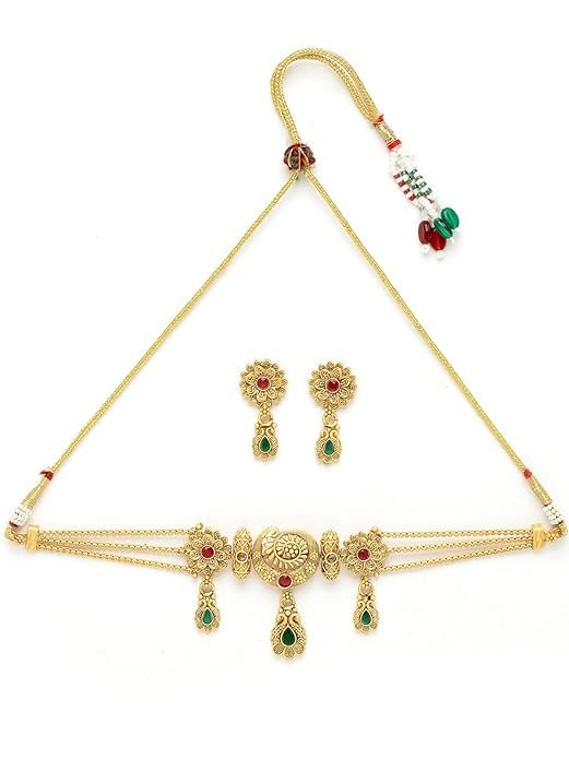 Arresting Gold Plated Gold Beads Copper Choker Necklace Set With Studs Earring | Jewellery Set For Women (NS105615)