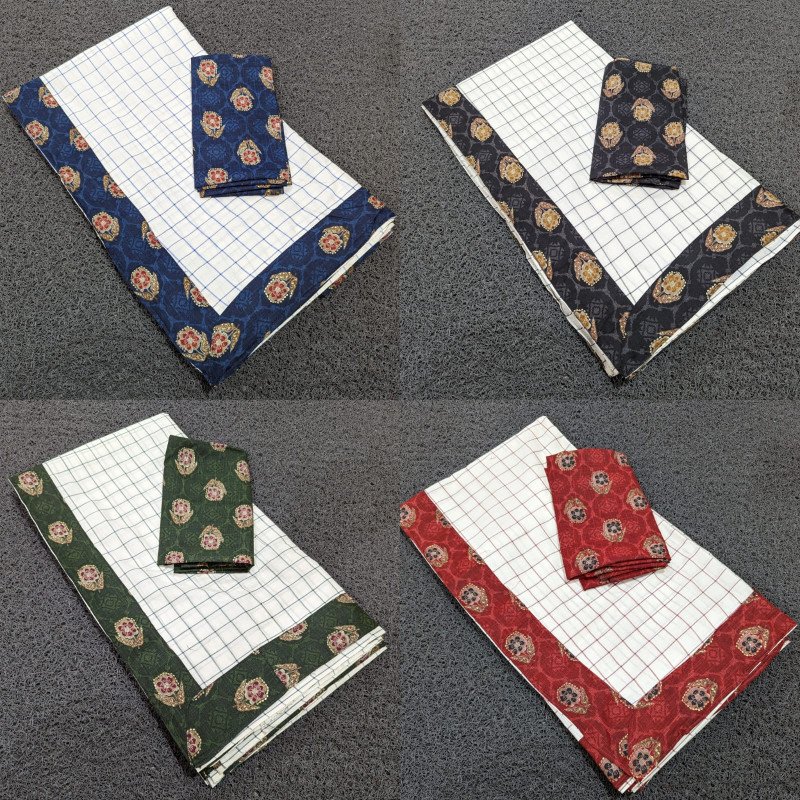 Sai Ram Textiles Premium Quality Golden Flower Cotton Checks Saree With Blouse | Kerala Set Saree