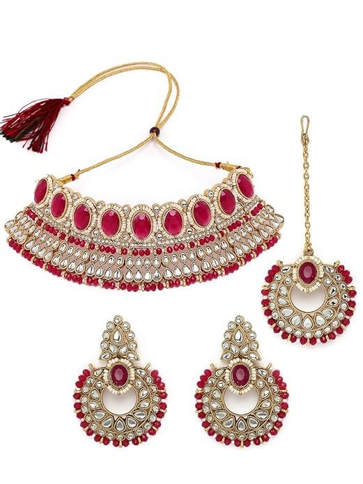Delightful Trendy Gold Plated Rani Pink Kundan & Beads Studded Choker Necklace Set For Women.