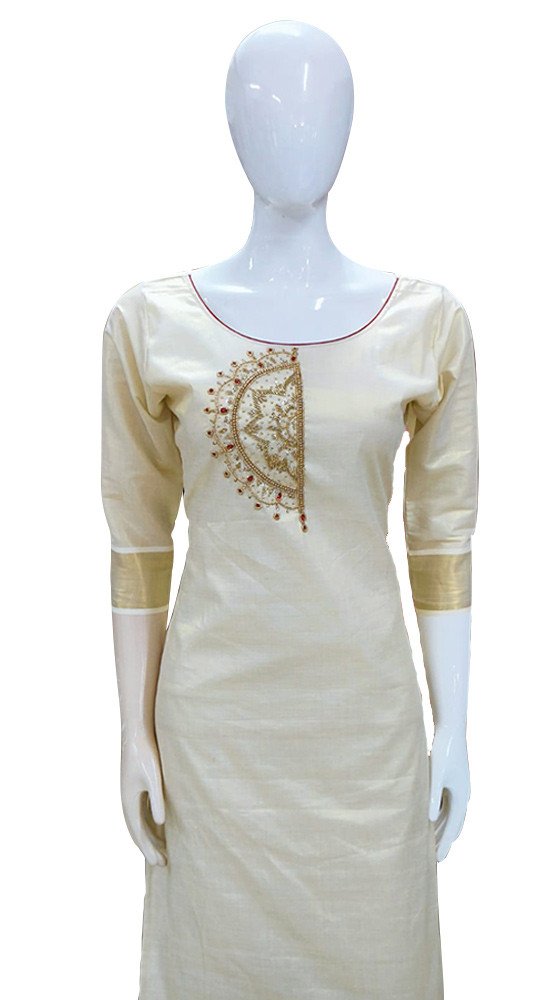 Avanika Collection's Kerala Traditional Attractive & Stylish Tissue Cotton Churidar Full Set (Bead Work) | Kerala Traditional Salwar Set