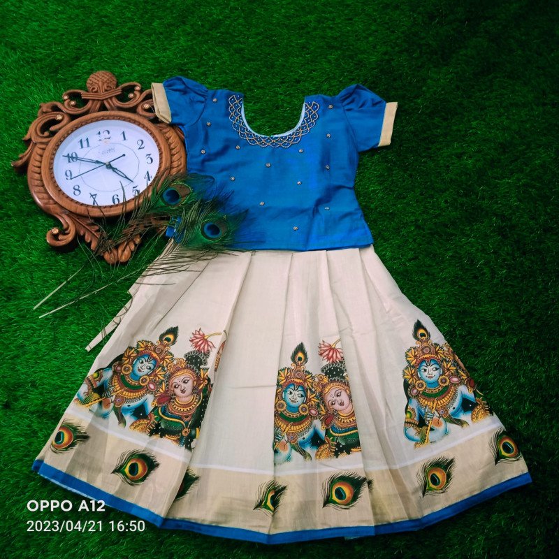 Classy Threads Collectionzz Trendy Stylish Premium Quality Golden Tissue Stitched Pattupavada With Blouse For Baby Girl - Multicolour | Kerala Traditional Skirt & Jacket