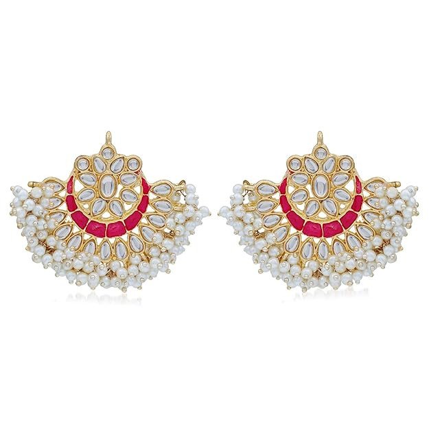 Splendid Pearl Gold Plated Kundan Meenakari Chandbali Earring for Women (SKR56872)