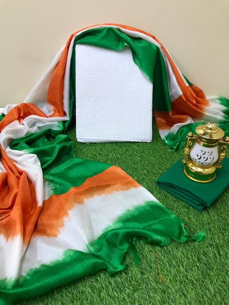 Avanika Collection's Pure Cotton Unstitched Dress Material With Printed Dupatta | Tricolour