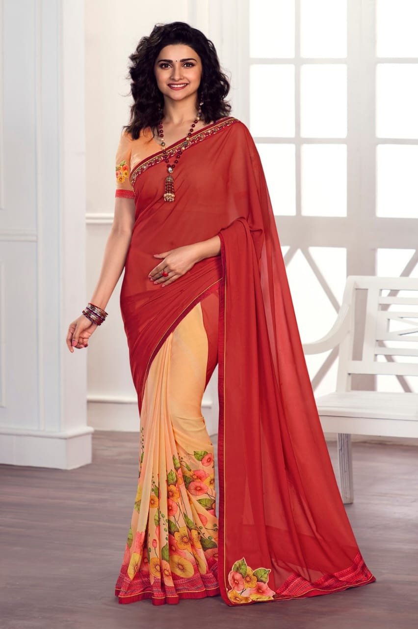 Beautiful Georgette Half & Half Printed Pattern With Plain Blouse - Multicolour | Georgette Saree With Blouse