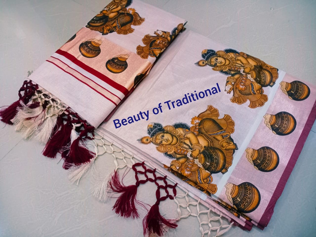 Avanika Collection's Rose Copper Tissue Mural Work Saree (Kunjalam Types) | Kerala Set Saree
