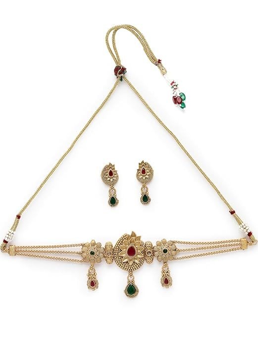 Sukkhi Adoring Multistrand Gold Plated Floral Copper Choker Necklace Set With Studs Earring | Jewellery Set For Women (NS105534)