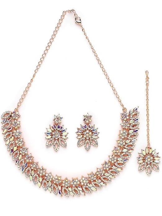 Floral Rose Gold Plated Rainbow Stones Collar Bone Necklace Set With Earring And Maangtika | Jewellery Set For Women (NS105641)