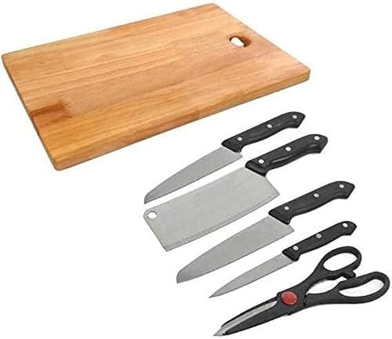 SmartGadgets Stainless Steel Kitchen Knife Set (4-Pieces) with Wooden Chopping Board & Scissors, Vegetable & Meat Cutting Set, Durable, Stylish & Practical (Set of 5 + 1 Chopping Board)