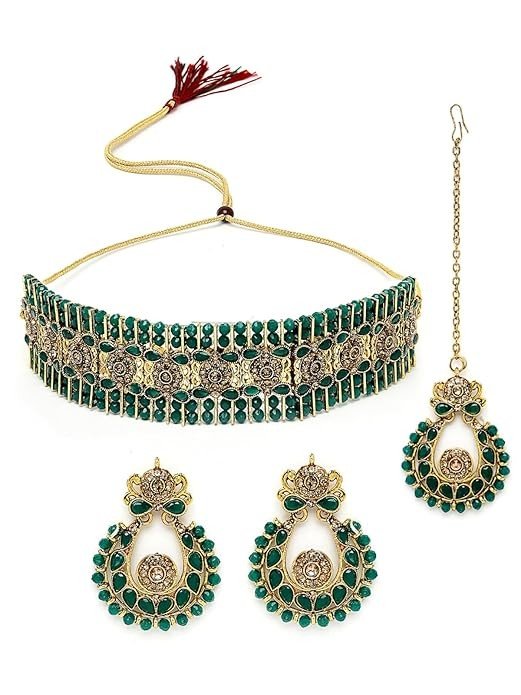 Sukkhi Indian Ethnic Gold Plated Green Kundan & Beads Studded Choker Necklace Set For Women