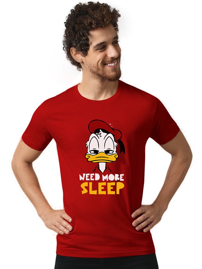 Beorign Regular Fit Stylish Look Trendy Casual Simple Cotton Blend Half Sleeves Need More Sleep Printed T-Shirt For Men - Red Colour ( M , L , XL )
