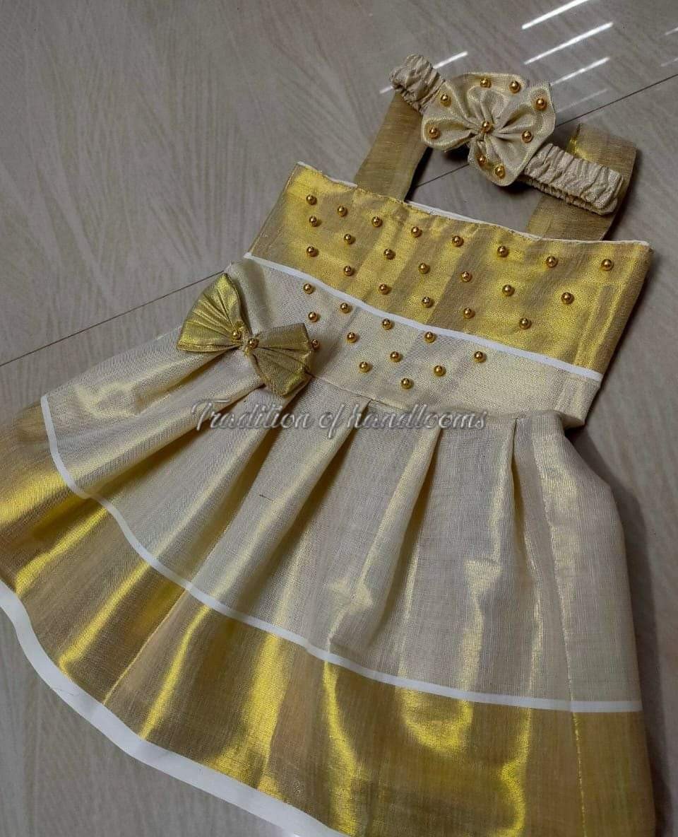 Classy Threads Collectionzz Trendy Stylish Attractive Soft & Smooth Cotton Golden Tissue Ready Made Frock For Girls (With Hairband) | Kerala Traditional Frock