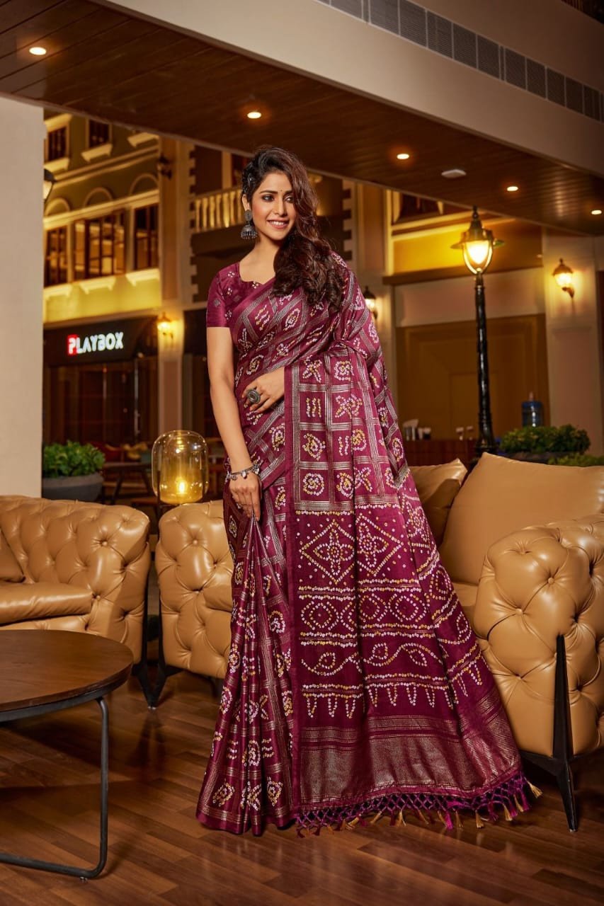 Edathal Star Collection's Soft Silk Saree With Bhandez Gharchola Style And Foil Print With Soft Pashmina Allover Printed Blouse - Wine Colour
