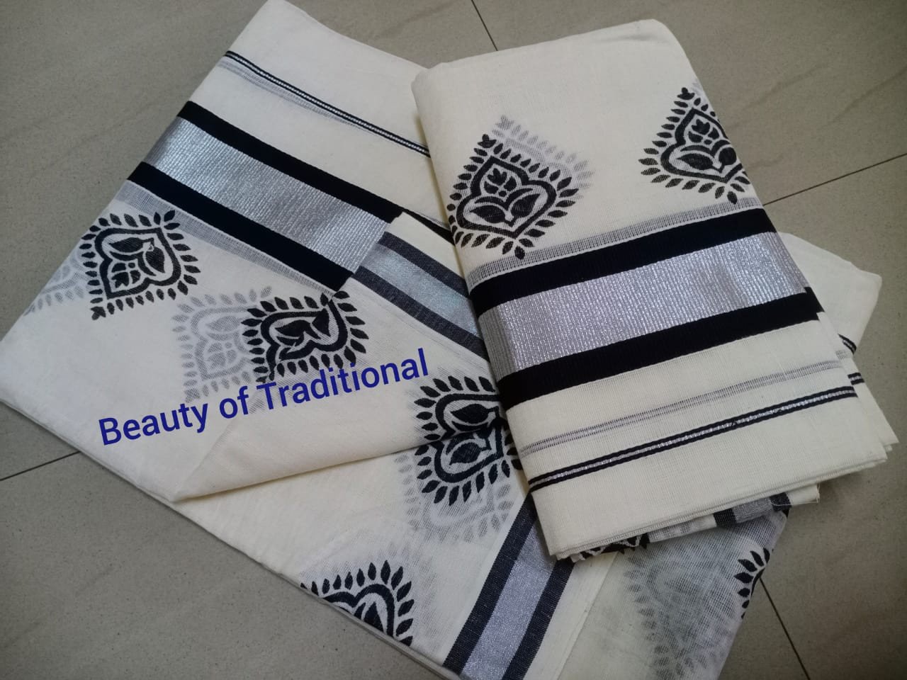 Avanika Collection's Kerala Traditional Cotton Silver Fancy Printed Types Set Mundu - Multicolour | Kerala Set Mundu
