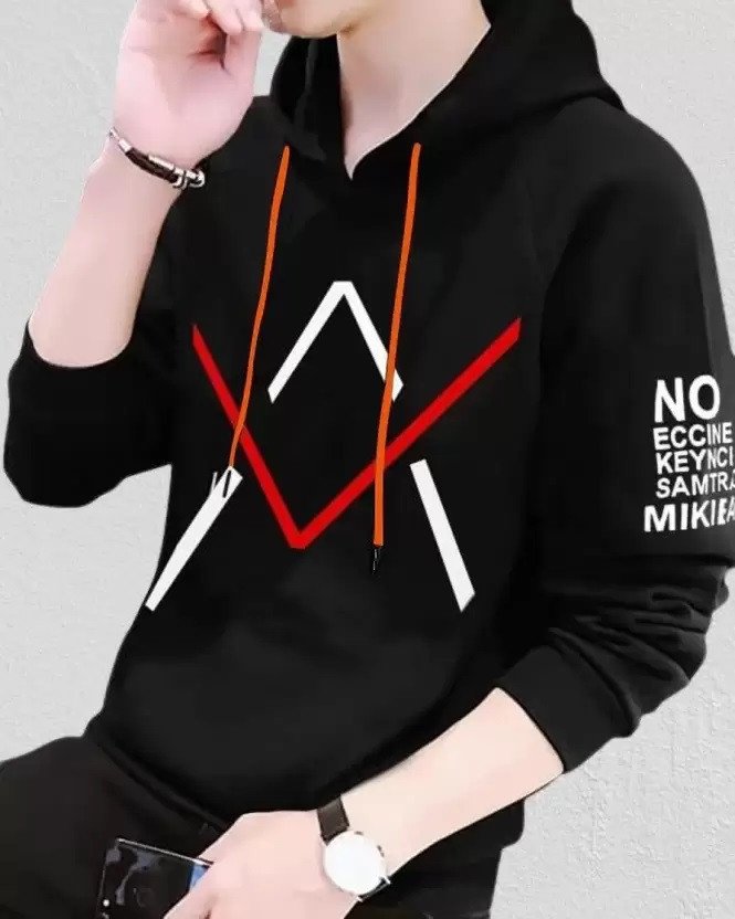 L G Garments Men's Trendy Stylish Cotton Rich Blend Long Sleeves Printed T-Shirt With Hoodie - Black & Navy (S , M , L , XL , XXL)