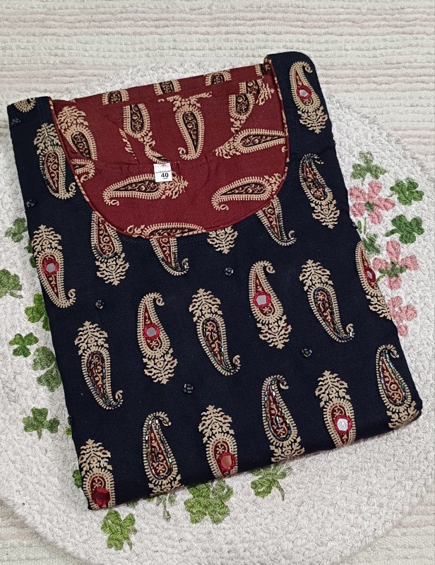 Avanika Collection's Attractive Stylish Premium Quality Pure Cotton Ajrakh Handwork Kurti With Lining - Red & Black Colour | Printed Churidar Top