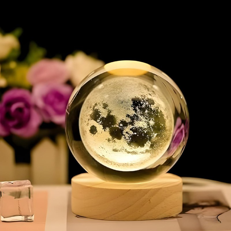 SmartGadgets 3D Crystal Moon Lamp – Engraved Crystal Ball LED Night Light with Wooden Base, USB Powered, Ideal for Home & Office Décor, Birthday Gift for Adults