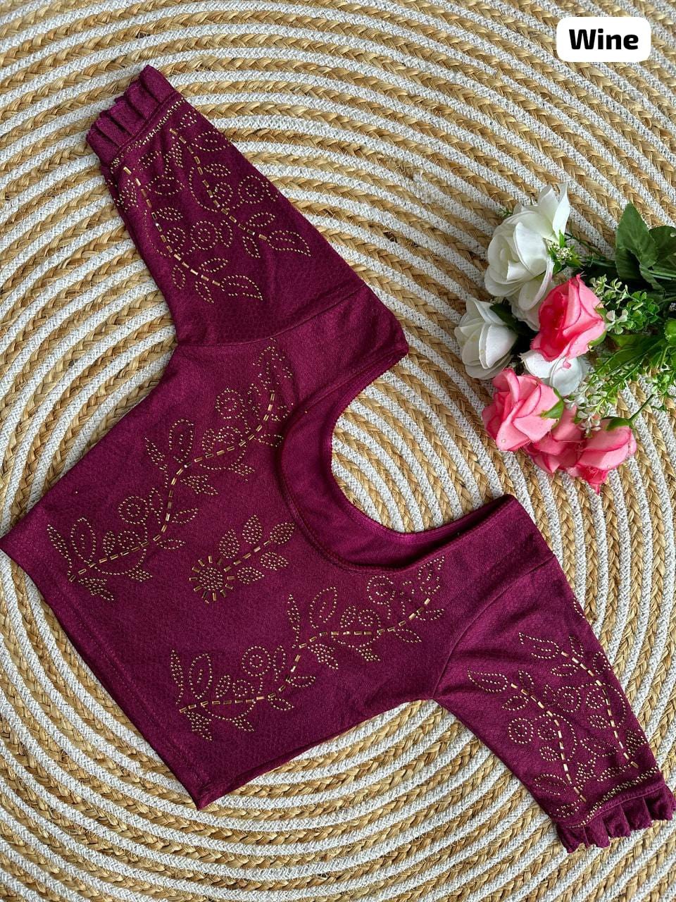 Sai Ram Textiles Fancy Sirojki Work Jhari Pushpa Designed Round Neck Lycra Stretchable Readymade Blouse - Wine Colour (Stitched Blouse) | Stitched Saree Blouse