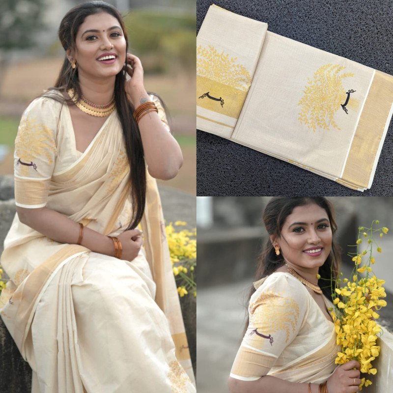Sai Ram Textiles Kuthampully Premium Quality Ready To Wear Golden Tissue Nelkathir Printed Saree | Kerala Traditional Golden Kasavu Saree