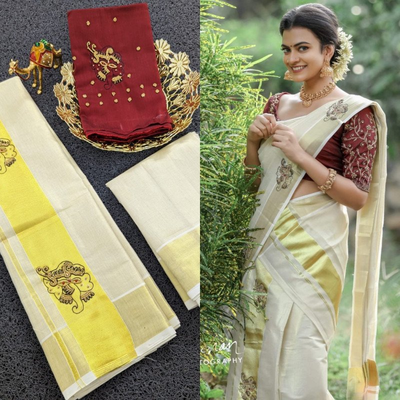 Sai Ram Textiles Kerala Kuthampully Ganapathy Handwork Golden Tissue Set Mundu With Blouse | Kerala Set Mundu