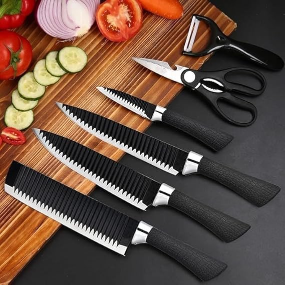 SmartGadgets 6 Pcs Kitchen Knife Set with Covers, High Carbon Stainless Steel Black Colour Coated Chef Knife I Utility Knife I Sontuku Knife I Bread Knife I Utility Knife (Black)