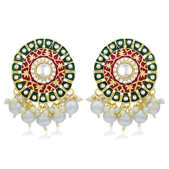 Classic Pearl Red and Green Brass Gold Plated Kundan Meenakari Stud Earring for Women (SKR56846)