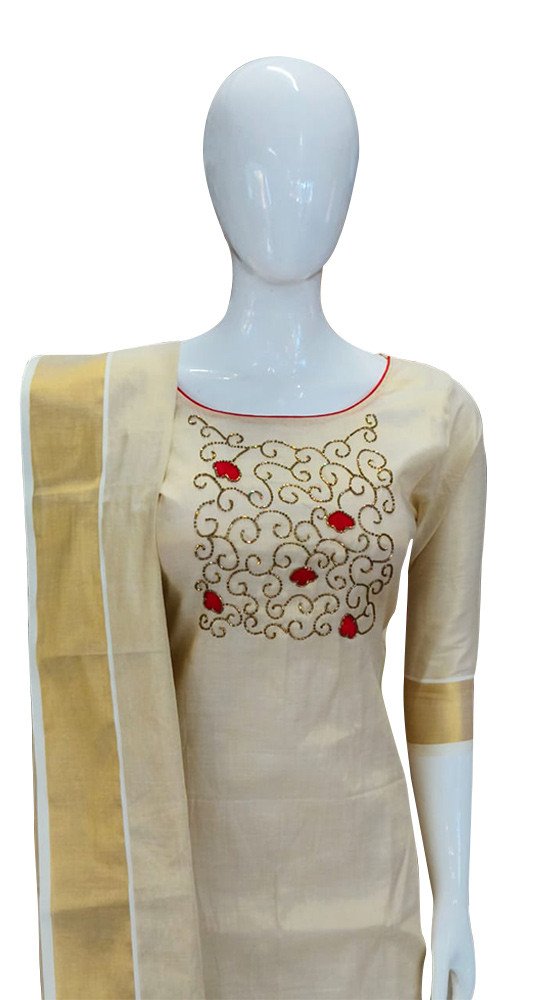 Avanika Collection's Attractive & Stylish Tissue Cotton Kerala Traditional Churidar Full Set - (Tissue Dupatta With Bead Work) | Kerala Traditional Salwar Set