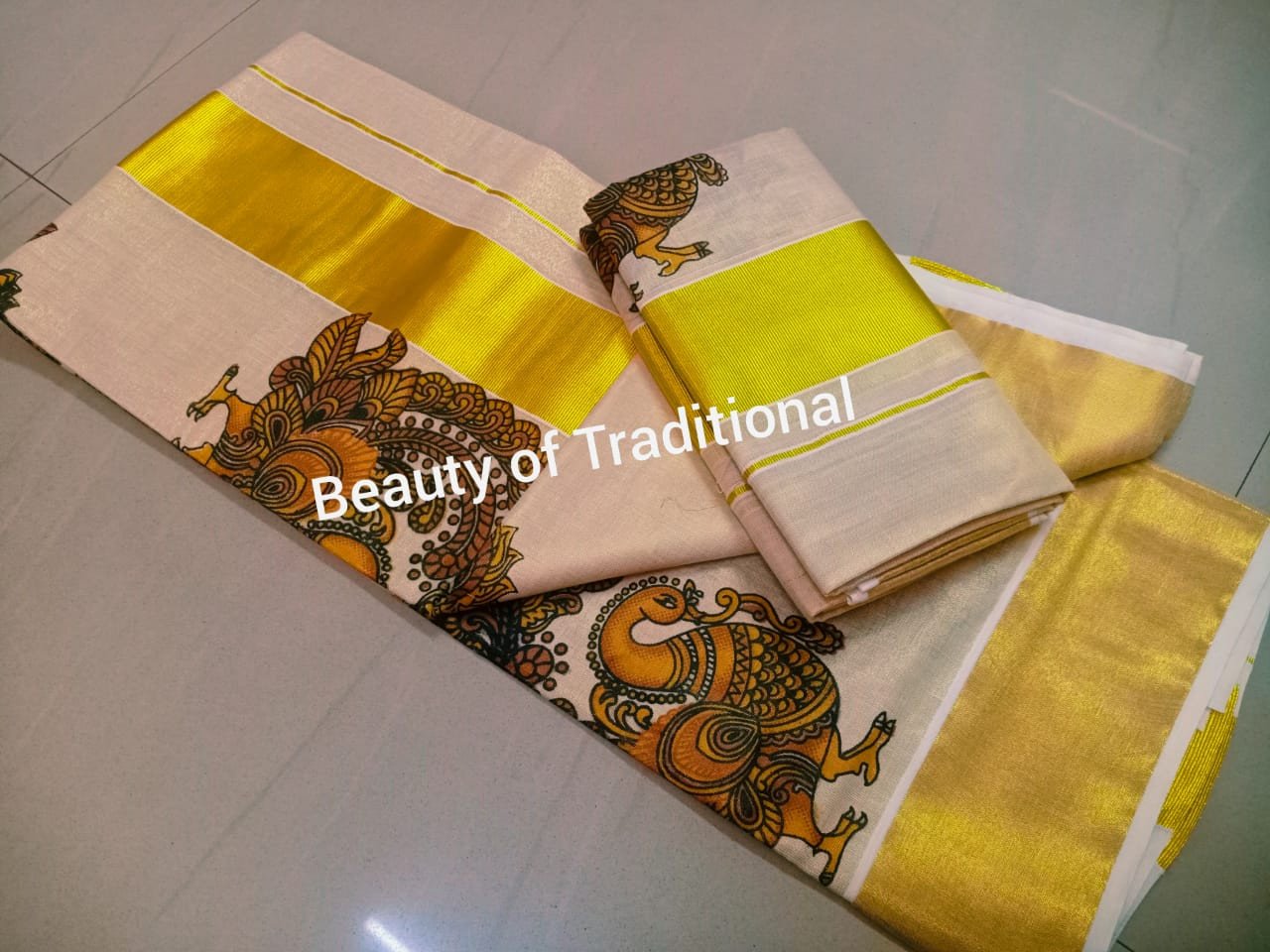 Avanika Collection's Kerala Tissue Mural Work Set Mundu | Kerala Traditional Set Mundu
