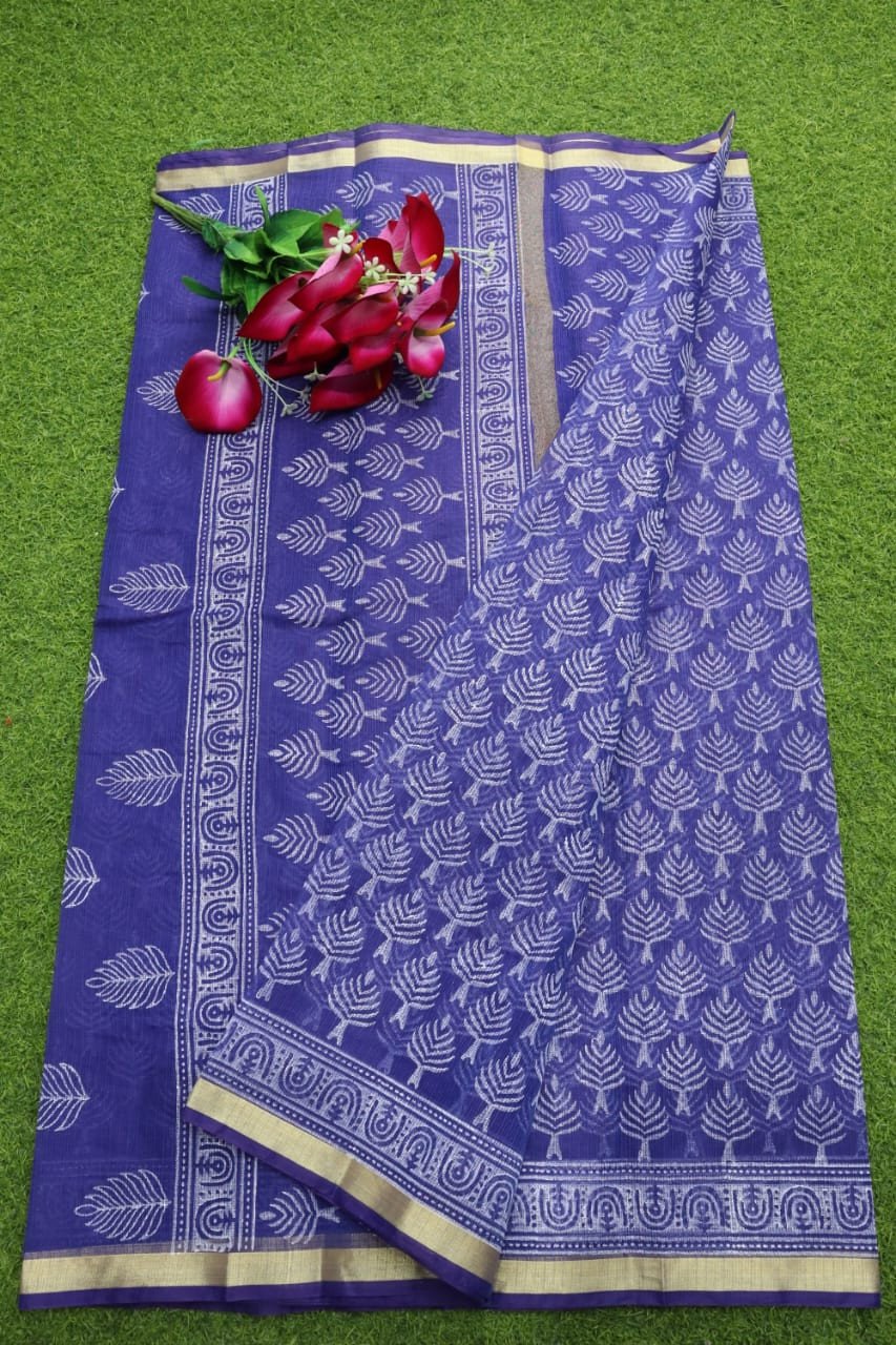 Edathal Star Collection's Kota Doria Mix Cotton Block Printed Saree With Blouse | Cotton Saree