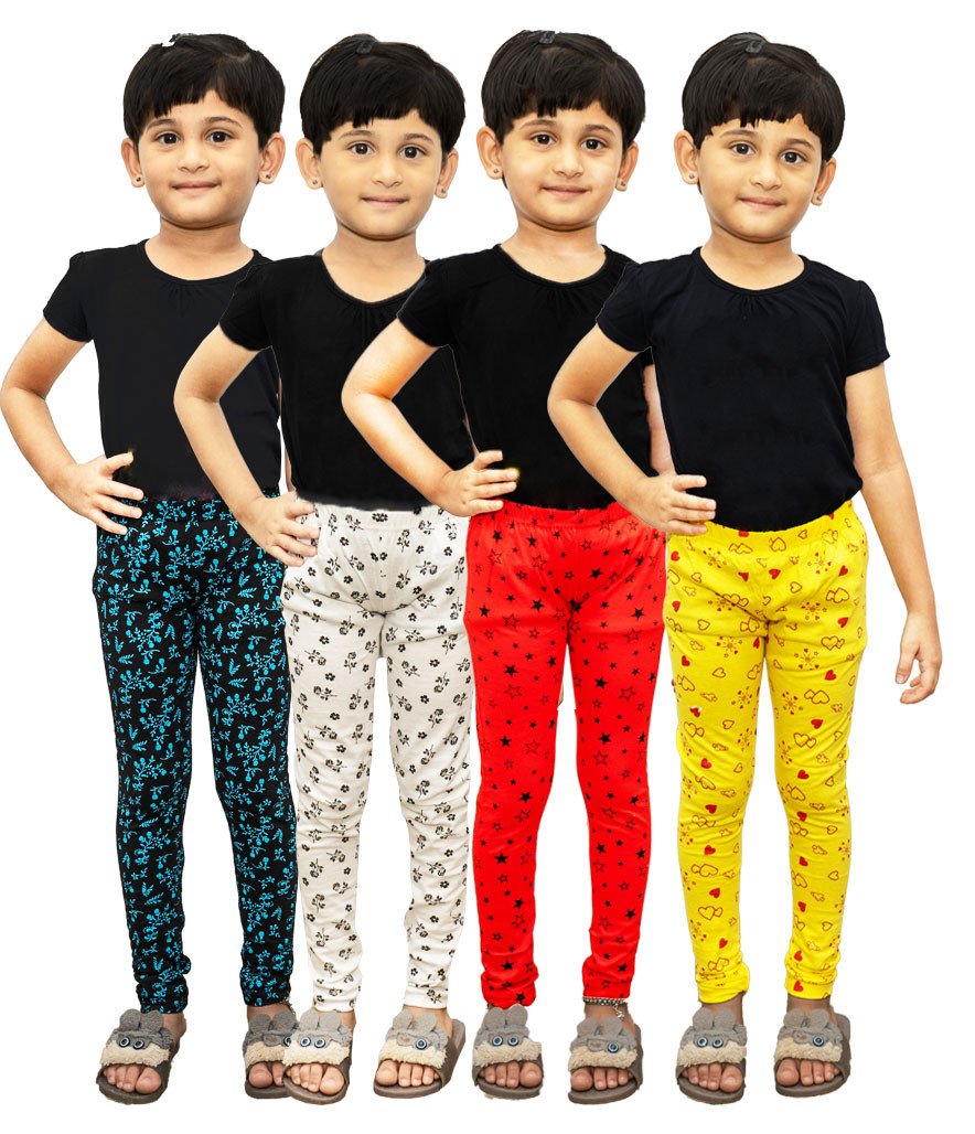 AFRA Stylish Slim Fit Ankle Length Printed Pure Cotton Leggings For Kids (Pack of 4)  | Full Length Leggings 4 in 1 (Combo)