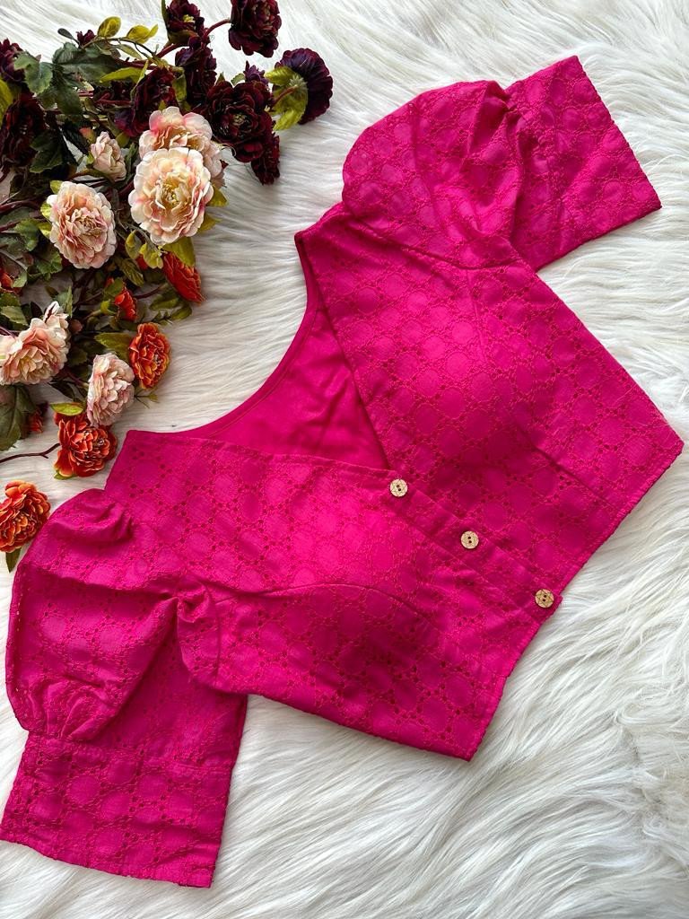 Sai Ram Textiles Trendy Stylish Pure Cotton Puff Sleeve Hakoba Ready Made Blouse (Stitched Blouse)