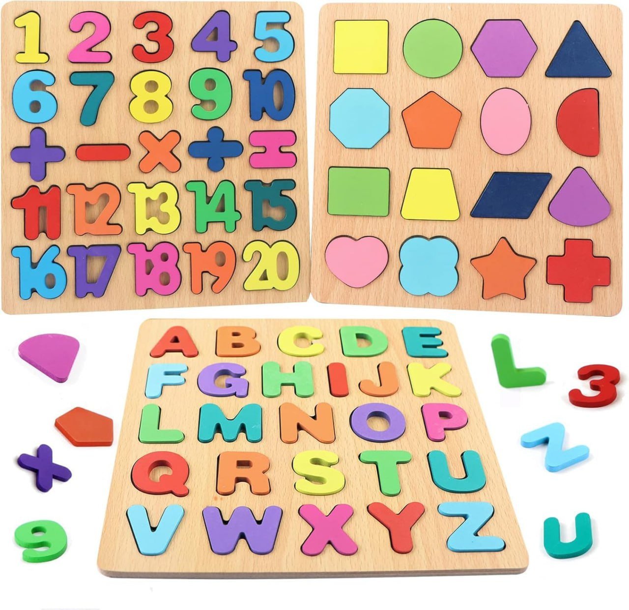 SmartGadgets 3 in 1 Wooden Puzzles for Toddlers | ABCD Alphabets, Numbers & Shapes Puzzles | Toddler Learning Puzzle Toys for Kids 1-3 Years Old | Early Education Gift for Kids