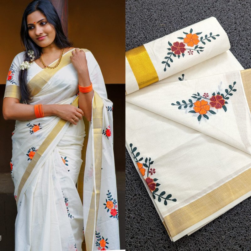 Sai Ram Textiles Kerala Kuthampully Premium Quality Double Colour Flower Sleeve Work Embroidered Cotton Saree | Kerala Traditional Set Saree