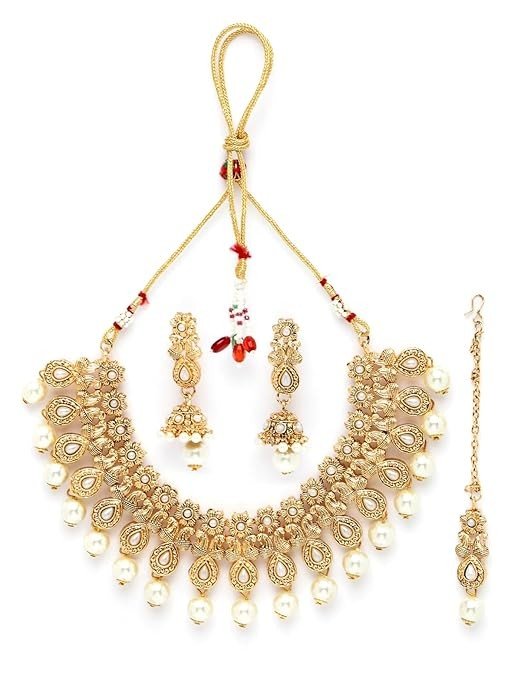 Sukkhi Favourite Gold Plated Copper Stones & Beads Floral Collar Bone Necklace Set With Earring And Maangtika | Jewellery Set For Women (NS105491)