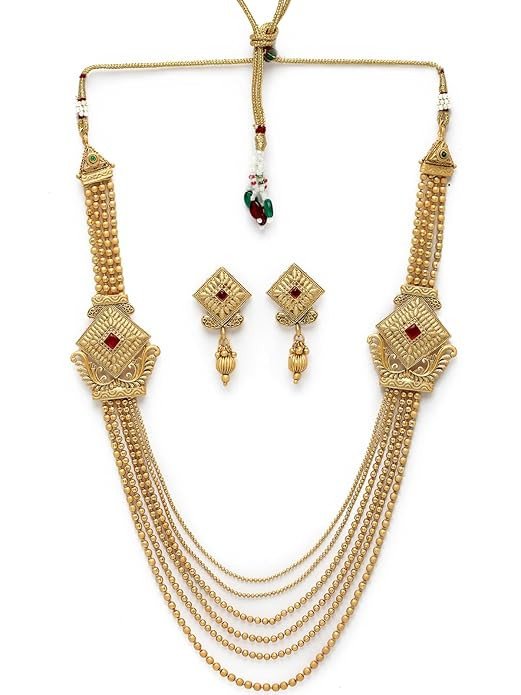 Traditional Gold Plated Golden Rani Haar Long Kundan Studded Multistring Necklace Set And Earring | Jewellery Set For Women (NS105742)