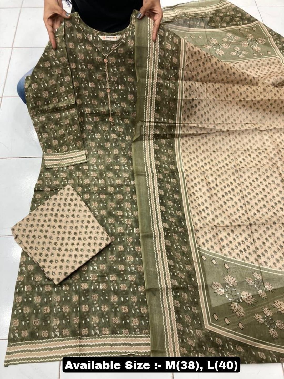 Sew In Style Printed Pure Cotton Ready Made Kurti And Pend With Duppatta | Ladies Full Churidhar Set(Green and Off White)
