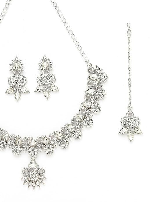 Sukkhi Smashing Rhodium Plated Silver AD White Stone Floral Collar Bone Necklace Set With Earring And Maangtika | Jewellery Set For Women (NS105549)
