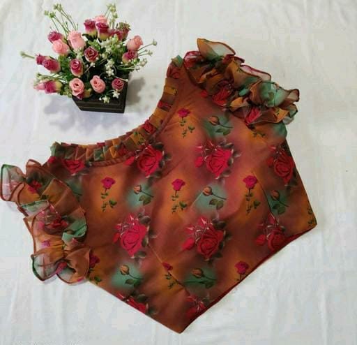 Sastha Fashion Fancy Trendy Stylish Digital Printed Frills On Sleeves Ruffles Fancy Women Readymade Blouse - Brown Colour | Georgette Fabric | Ruffles
