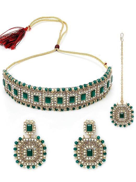 Decent Traditional Green Kundan & Beads Studded Choker Necklace Set For Women.