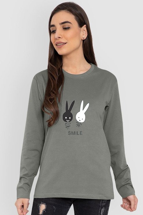 Just Camp Clothing's Senthur Fashion Women Regular Fit Cotton Round Neck Full Sleeve Rabbit Printed Pattern Casual T-Shirts - Multicolour