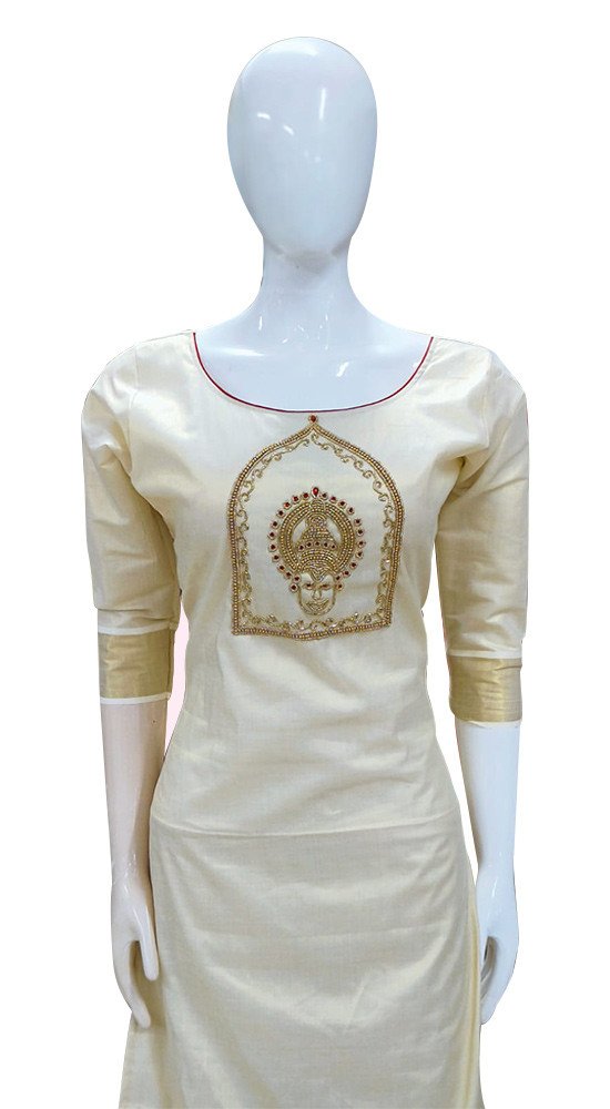 Avanika Collection's Kerala Traditional Attractive & Stylish Tissue Cotton Churidar Full Set (Bead Work Top & Duppatta) | Kerala Traditional Salwar Set