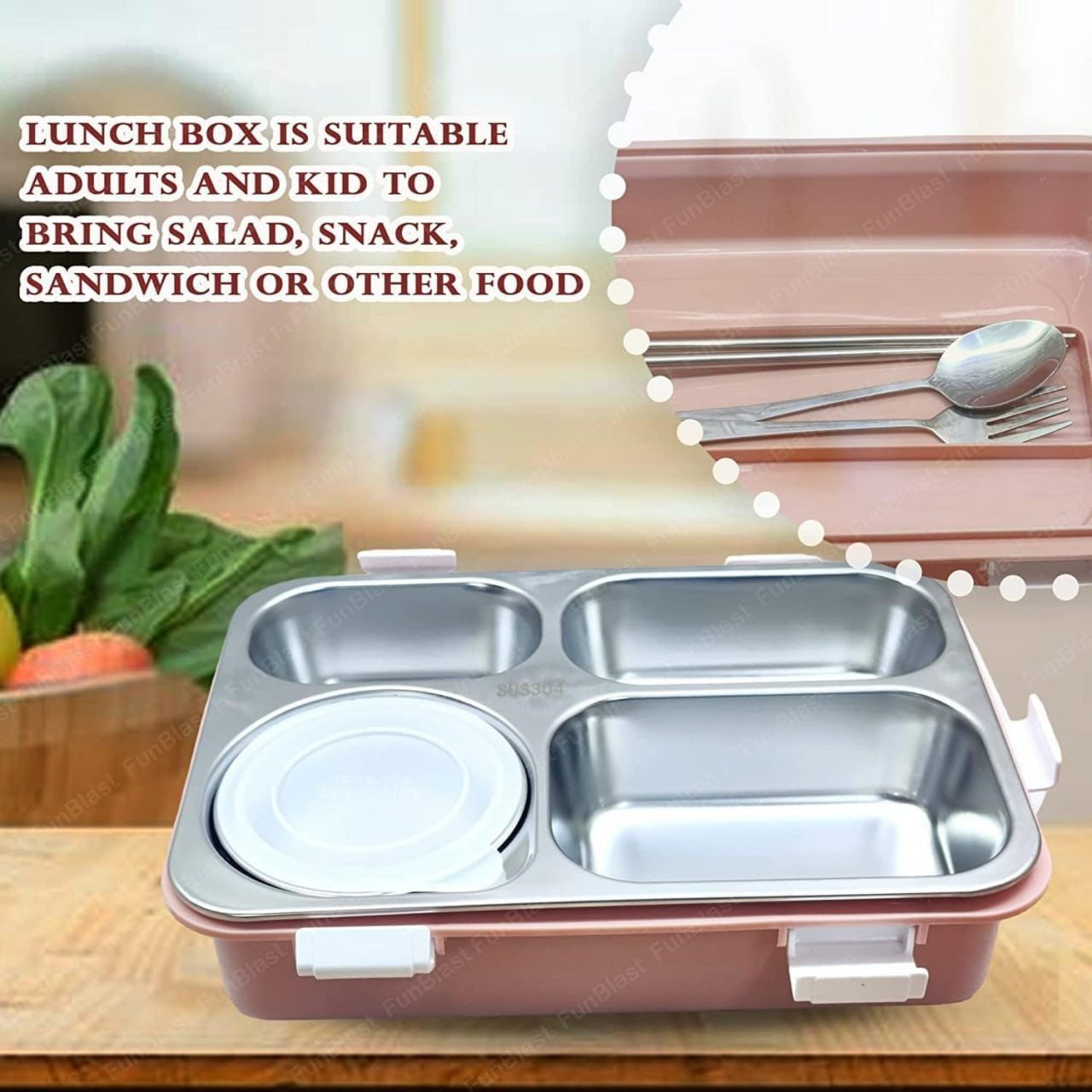 SmartGadgets 4-Compartment Stainless Steel Lunch Box for Kids & Adults – Leak-Proof, BPA-Free Bento Box for School, Work, or Meal Prep (Set of 1, Multicolor)