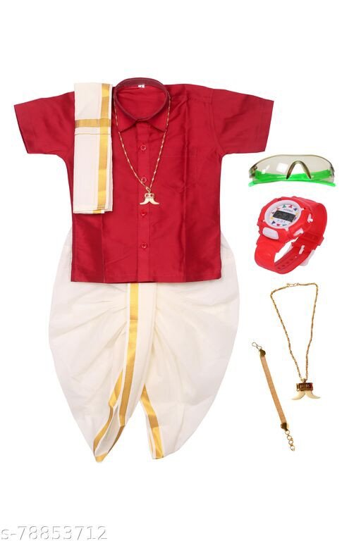 DJ Collection's Attractive Traditional Kids Silk Cotton Premium Quality Pyjamas Dhoti & Shirt Full Set Pack - Multicolour | Kids Pyjama With Shirt & Dhoti