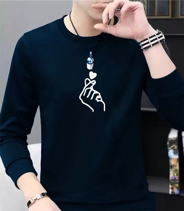 L G Garments Trendy Stylish Long Sleeve Round Neck Cotton Blend Printed T-Shirt For Men - Black & Navy | Men's T-Shirt (S , M , L , XL , XXL)