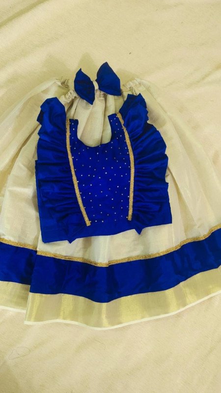 Beautiful & Attractive Kerala Style Kids Pattupavada - Blue & White | Kids Stitched Pattupavada | Skirt & Jacket
