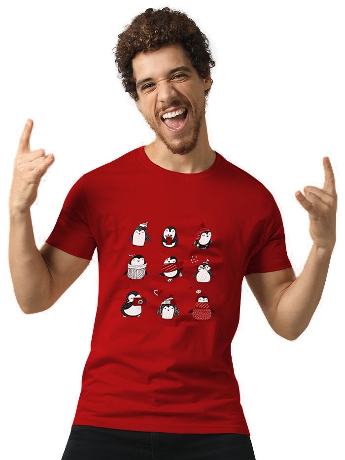 Beorign Regular Fit Stylish Look Trendy Casual Simple Cotton Blend Half Sleeves Holiday Penguin Printed T-Shirt For Men - Red Colour ( M , L , XL )