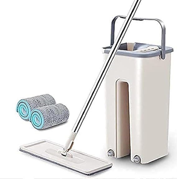 SmartGadgets Heavy Quality Floor Mop with Bucket, Flexible Kitchen tap Flat Squeeze Cleaning Supplies 360 Flexible Mop Head/2 Reusable Pads Clean Home Floor Cleaners B8(White)